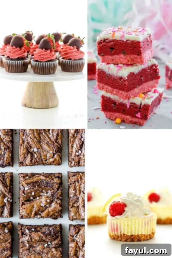 Four delightful Valentine's Day desserts including heart-shaped cookies, luscious cupcakes, rich brownies, and elegant truffles, presented beautifully in red and pink hues.
