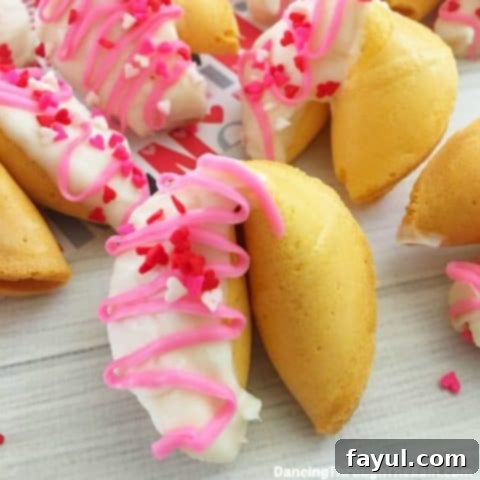 Homemade Valentine's Day fortune cookies, with colorful pink and red messages visible, ideal for sharing love and fun with a group.