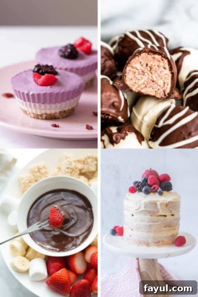 A charming collage of four Valentine's Day treats: chocolate-dipped strawberries, a pink frosted cupcake, heart-shaped cookies, and a rich chocolate brownie, all perfect for sharing love.