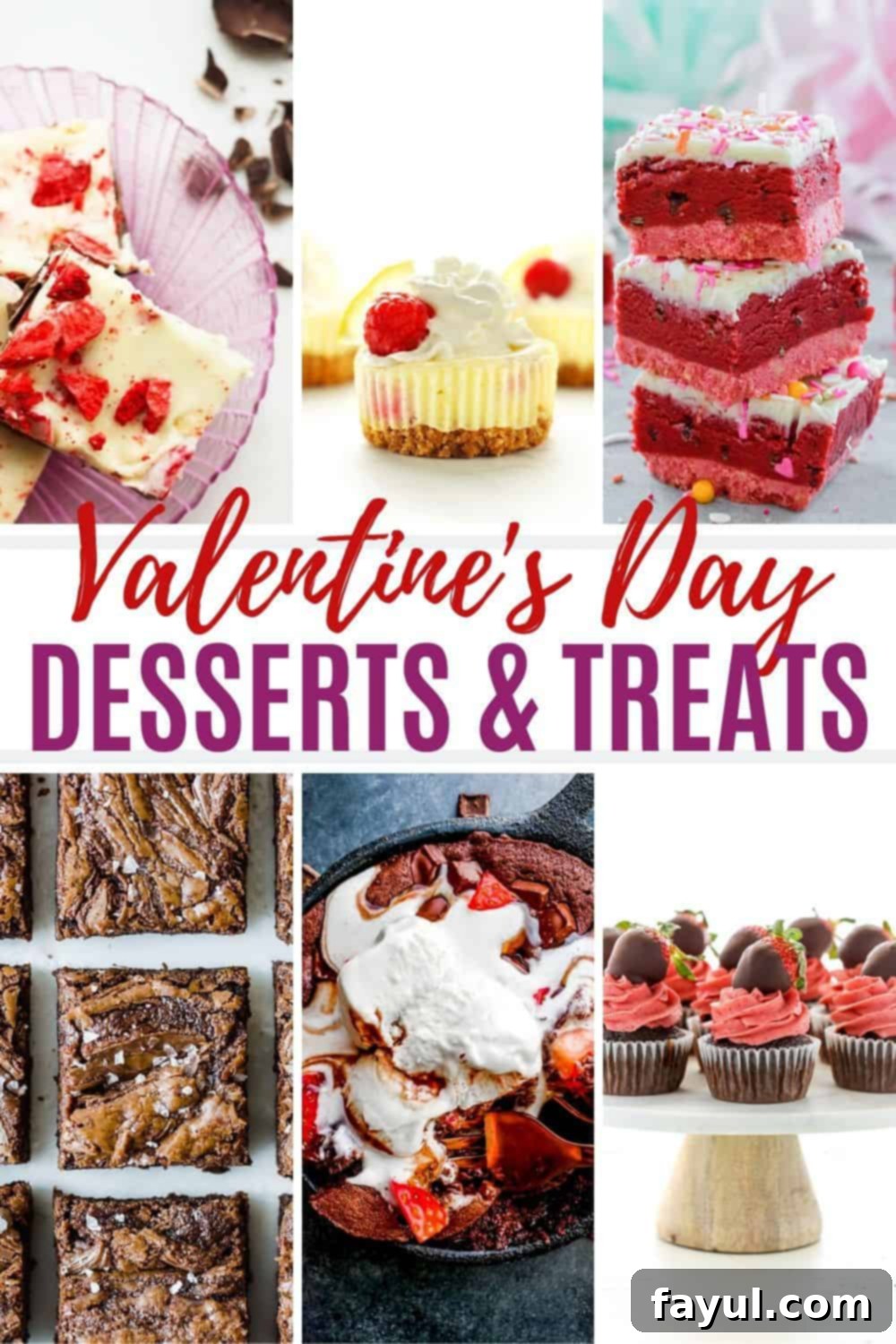 Pinterest pin image featuring a collage of delicious Valentine's Day desserts and treats with elegant red and purple text overlay for sharing.