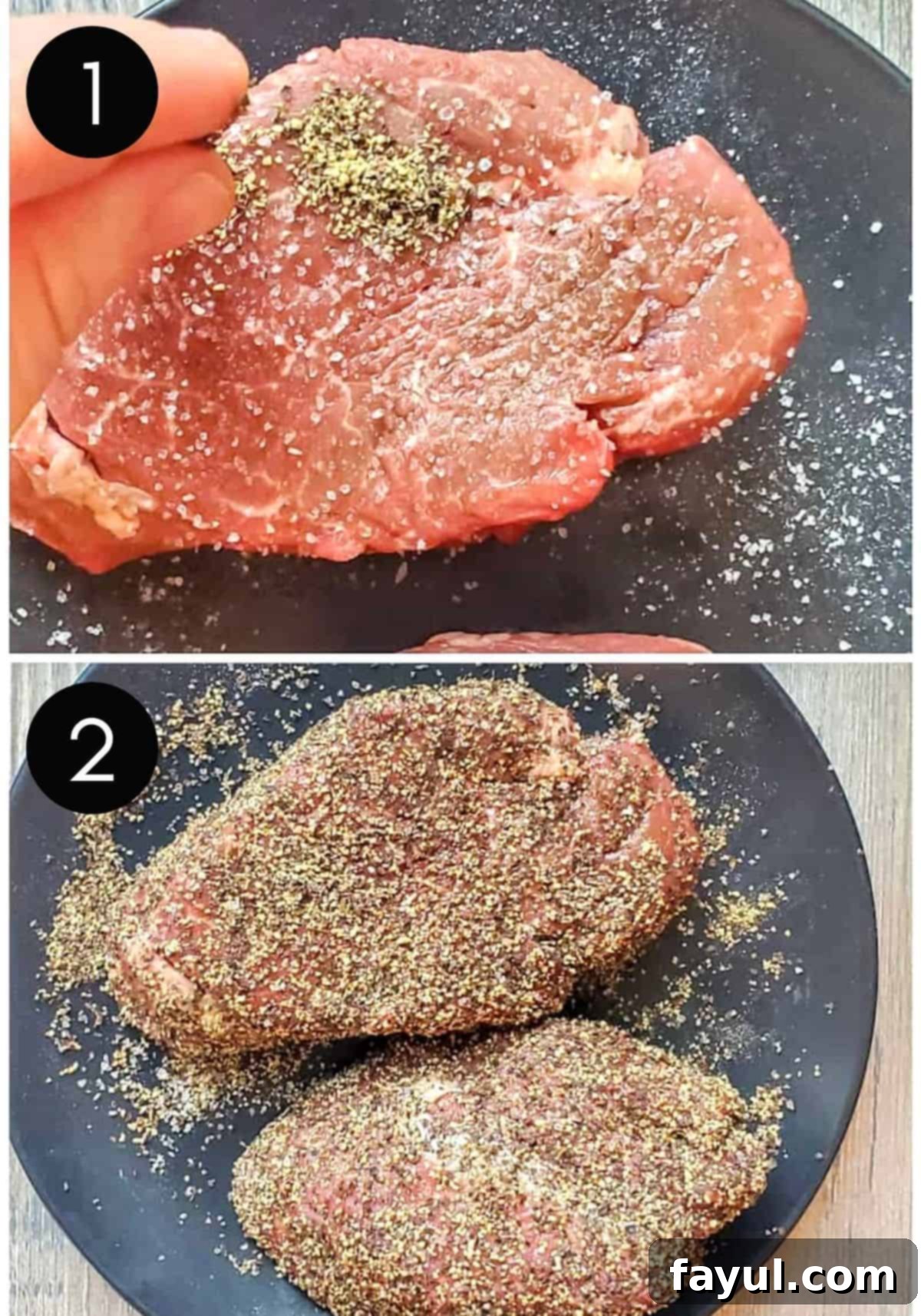 Two images showing steak being coated in pepper.
