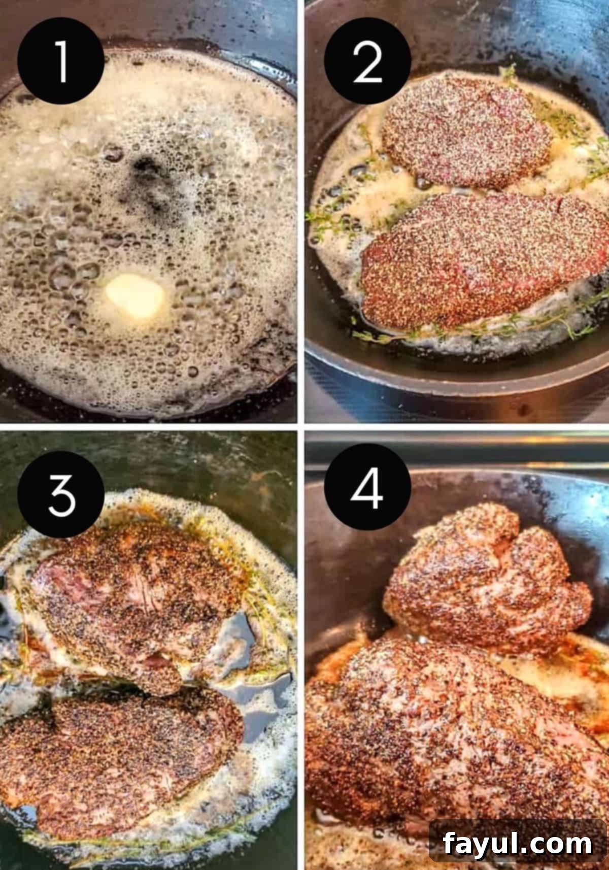 Four Prep image collage showing filet being pan seared and cooked in pan.