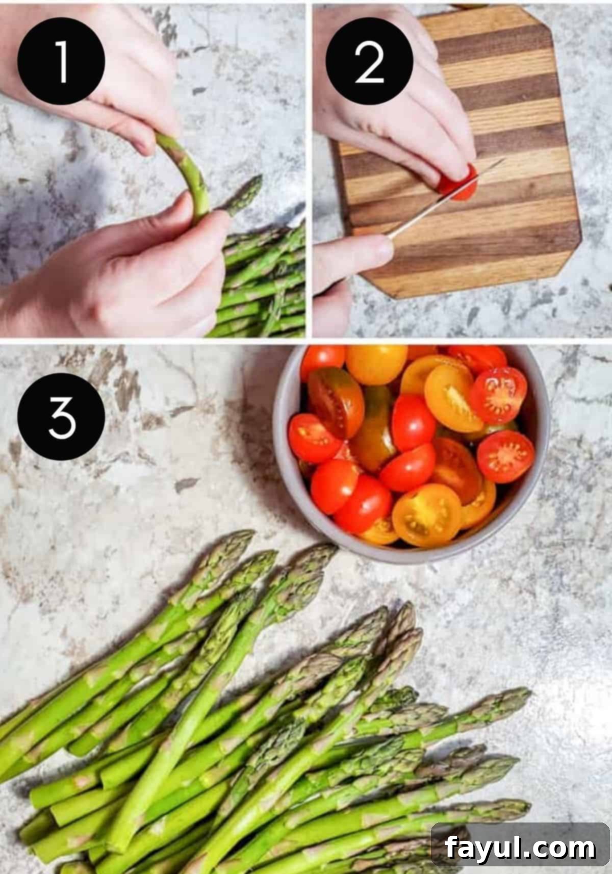 Roasted Balsamic Asparagus with Burst Cherry Tomatoes 3 Three prep image collage showing tomatoes and asparagus getting prepped on a cutting board, including snapping ends and slicing tomatoes.
