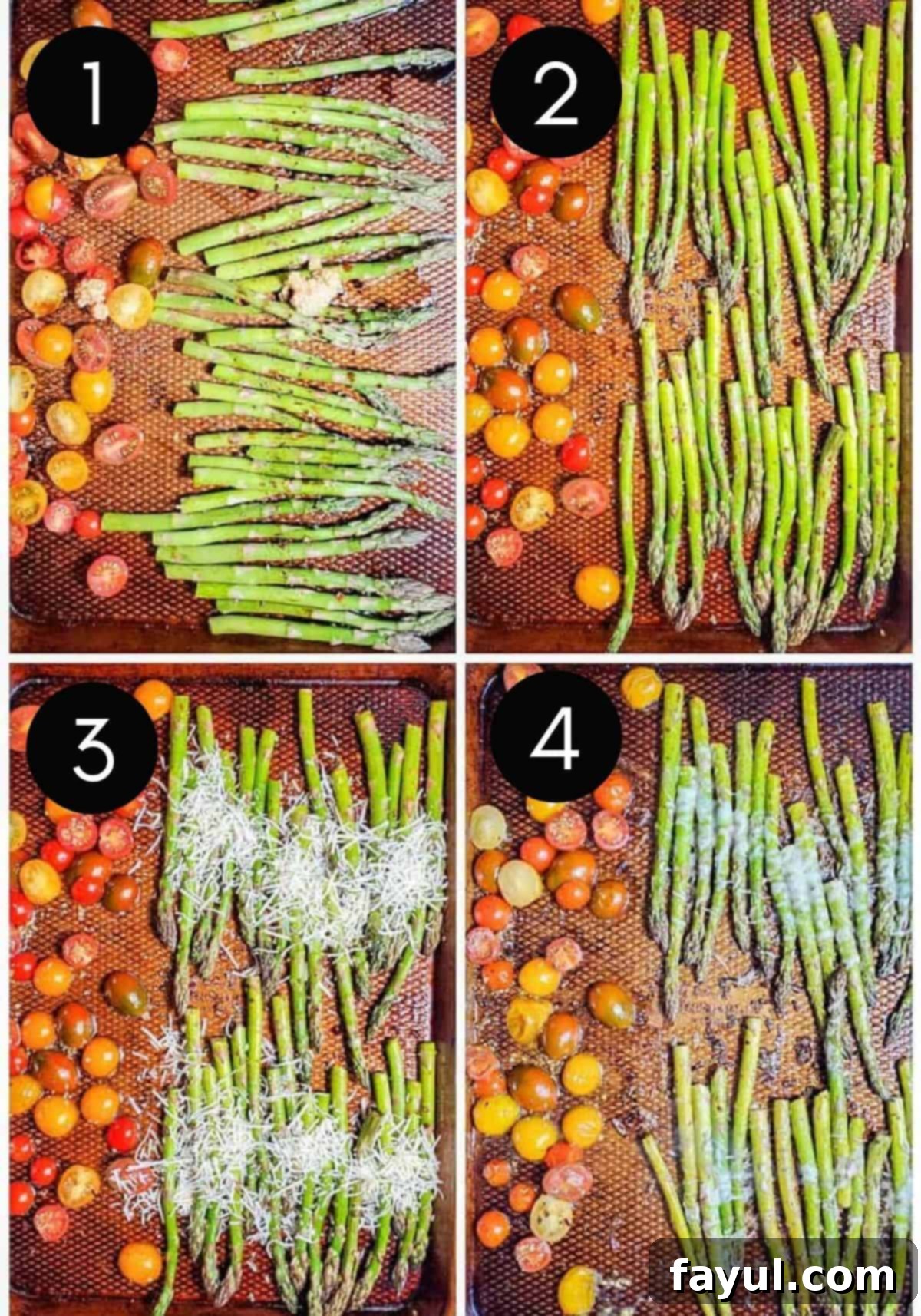 Roasted Balsamic Asparagus with Burst Cherry Tomatoes 4 Four prep image collage showing asparagus getting baked on a sheet pan with tomatoes and melted cheese.
