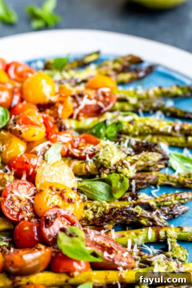 This Balsamic Oven Roasted Asparagus recipe is the perfect side dish! This easy vegetarian recipe is topped with fresh tomatoes, basil, Parmesan cheese, and homemade basil pesto. This side pairs great with chicken, steak, or soup and salad for a healthy pairing. #recipe #vegetarian #healthy Close up shot of cooked cherry tomatoes on top of oven roasted asparagus recipe on a large serving dish, garnished with basil.