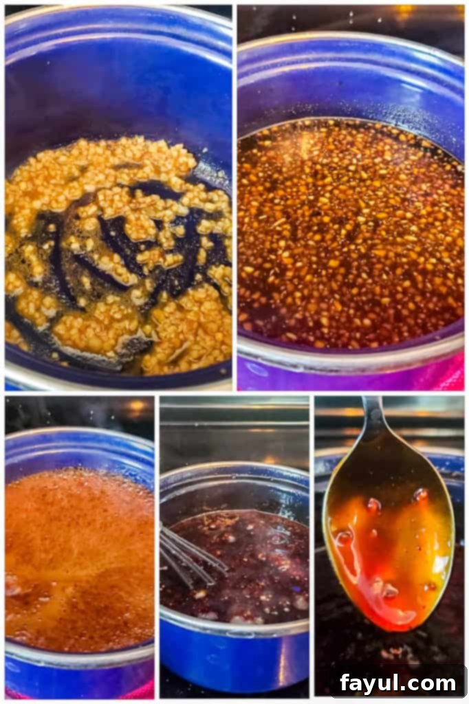 This Easy Homemade Teriyaki Sauce recipe is a great DIY version of this Asian favorite. This sauce pairs perfect with stir fry, chicken, beef and vegetables. This simple Japanese sauce is ready in about 20 minutes and has the classic teriyaki sauce flavor that we all know and love. #TeriyakiSauce #recipe #Asian Step-by-step cooking process of homemade teriyaki sauce shown in a collage of prep images, featuring ingredients being mixed and simmered in a blue saucepan.