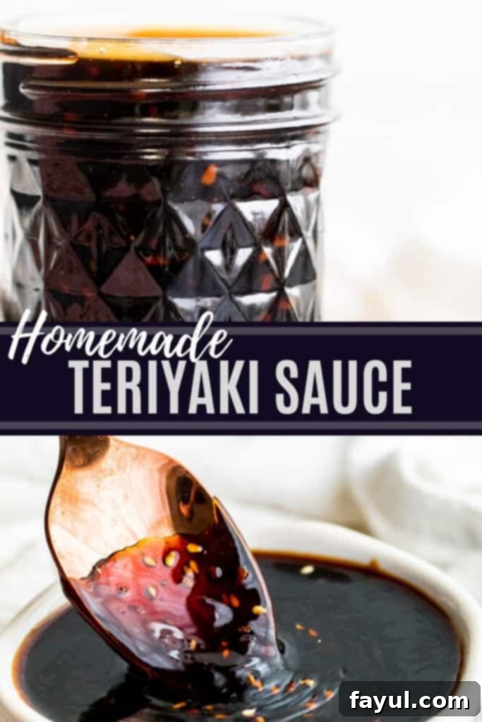 This Easy Homemade Teriyaki Sauce recipe is a great DIY version of this Asian favorite. This sauce pairs perfect with stir fry, chicken, beef and vegetables. This simple Japanese sauce is ready in about 20 minutes and has the classic teriyaki sauce flavor that we all know and love. #TeriyakiSauce #recipe #Asian Pinterest pin graphic featuring a glass jar of homemade teriyaki sauce with text overlay: 'Easy Homemade Teriyaki Sauce Recipe - Your Asian Favorite Made Simple!'