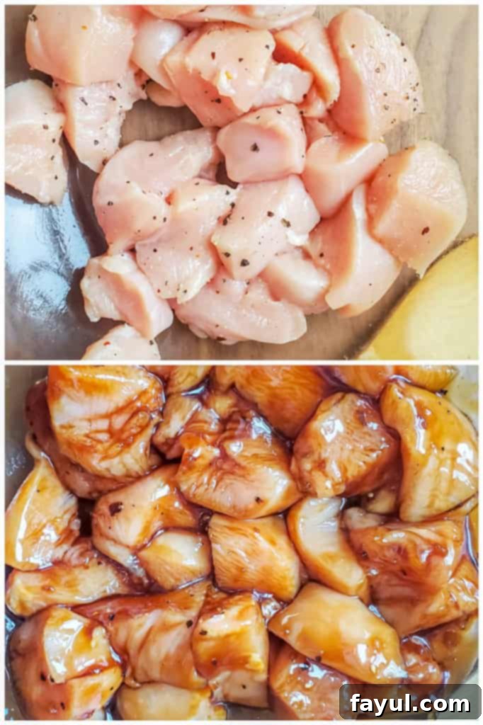 This Grilled Chicken Teriyaki Kabobs recipe is the best for summer grilling and BBQ. These Japanese style skewers are tossed in homemade teriyaki sauce and paired with mango, green pepper and red onion. This recipe is great for family dinners or meal prep for work week lunches. #dinner #kabobs #BBQ Preparation image showing diced chicken in a bowl, then coated thoroughly in savory teriyaki sauce.