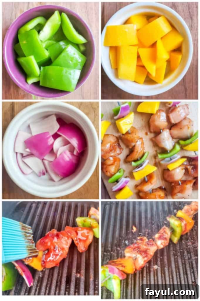 This Grilled Chicken Teriyaki Kabobs recipe is the best for summer grilling and BBQ. These Japanese style skewers are tossed in homemade teriyaki sauce and paired with mango, green pepper and red onion. This recipe is great for family dinners or meal prep for work week lunches. #dinner #kabobs #BBQ Preparation images showcasing chopped vegetables, followed by the chicken and vegetables being cooked on a hot grill.