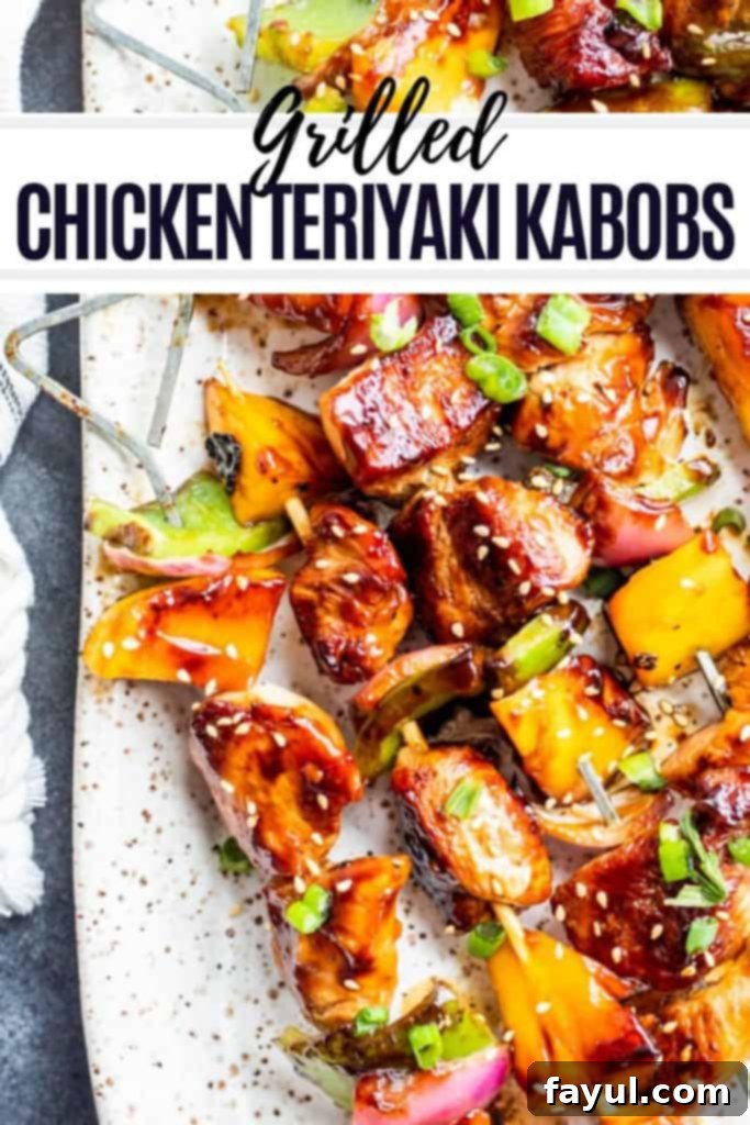 This Grilled Chicken Teriyaki Kabobs recipe is the best for summer grilling and BBQ. These Japanese style skewers are tossed in homemade teriyaki sauce and paired with mango, green pepper and red onion. This recipe is great for family dinners or meal prep for work week lunches. #dinner #kabobs #BBQ Pinterest graphic for grilled chicken teriyaki skewers with elegant black text overlay: 'Grilled Chicken Teriyaki Kabobs - The Best Summer Grilling Recipe!'