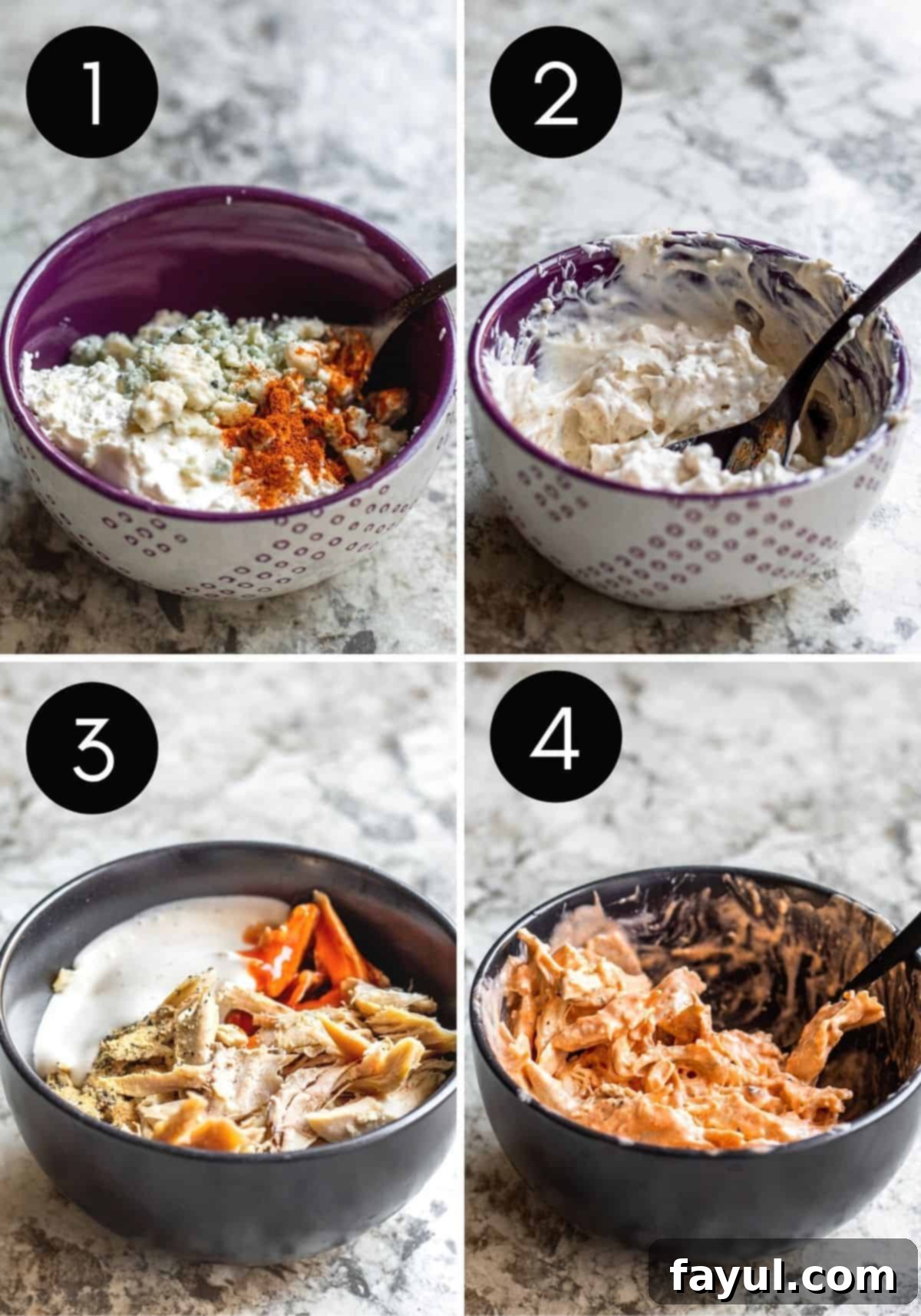 A four-panel instructional image sequence detailing the assembly and cooking of buffalo chicken grilled cheese, from spreading fillings to grilling on a pan.