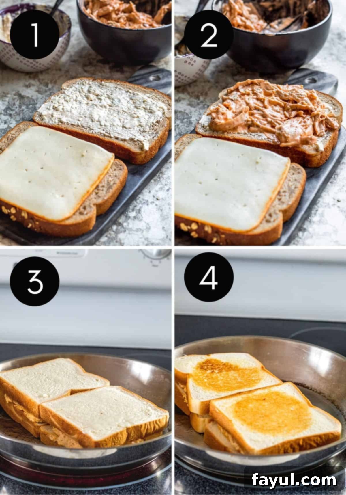 A four-panel collage showing buffalo chicken grilled cheese assembly: buttering bread, spreading cheese mixture, adding chicken, and grilling in a skillet until golden.