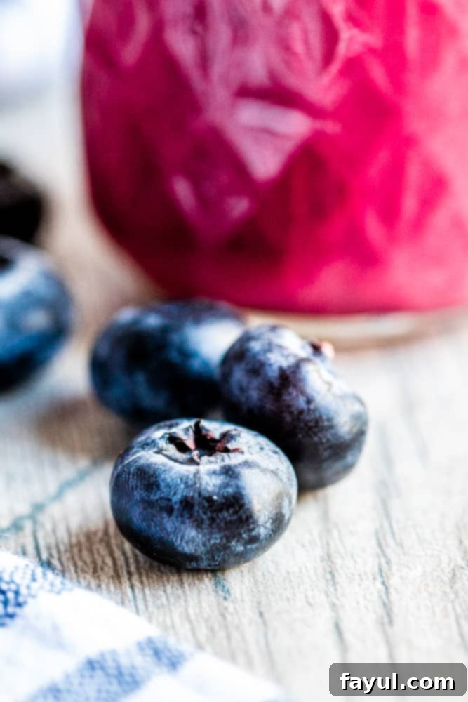 Close up shot of a juicy blueberry with a blurred background of the homemade blueberry dressing.