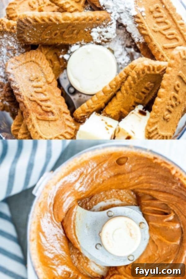 The 5-Minute Cookie Butter Hack 4 A step-by-step prep image showing cookie butter ingredients being added to a blender, followed by the blender in action.