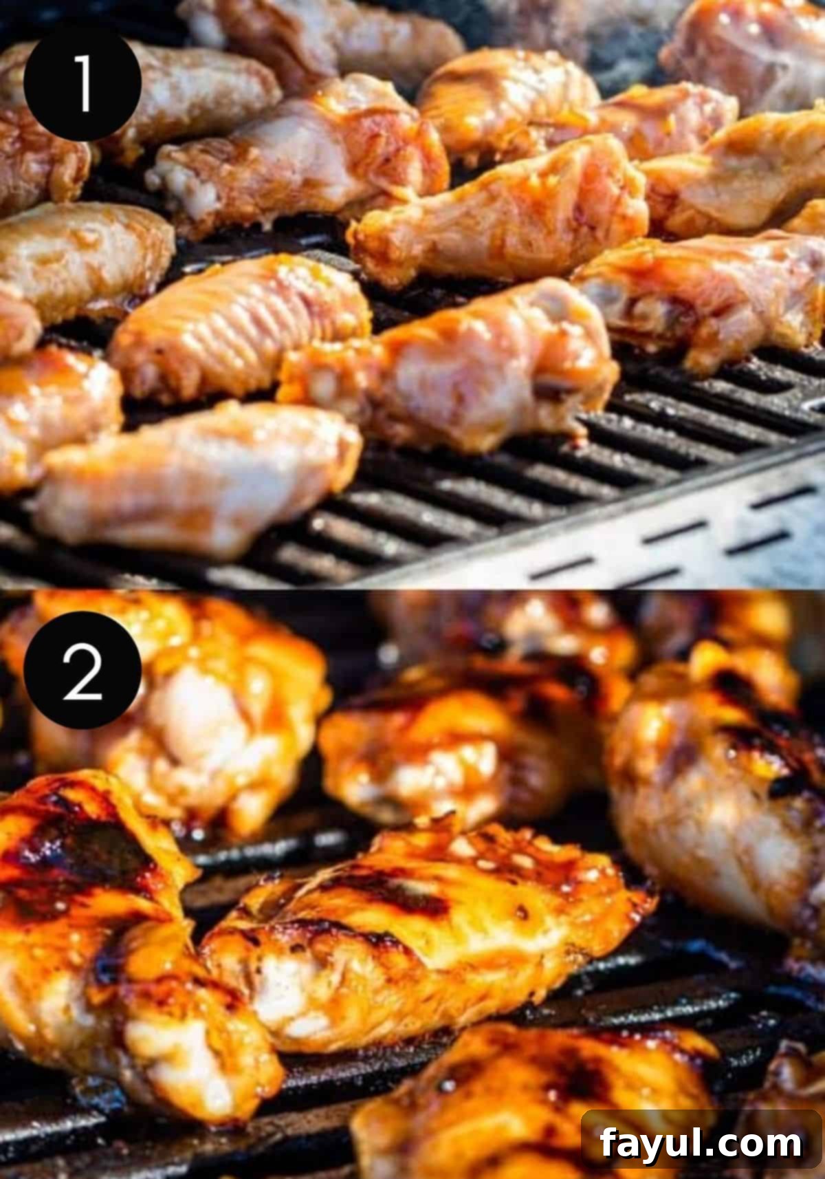 Two image collage showing step-by-step preparation and grilling of peach chicken wings, with numbered instructions for clarity.