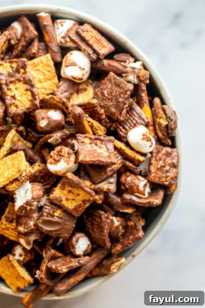 An overhead shot of a white bowl filled with crunchy, chocolate-coated S'mores Snack Mix, featuring golden graham cereal, mini marshmallows, pretzels, and chocolate chips, all on a bright white counter. Perfect for an easy, no-bake summer dessert.