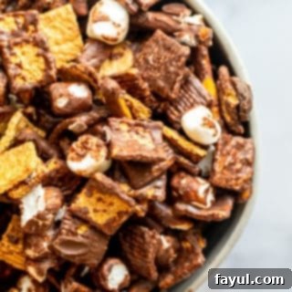 Overhead shot of crunchy S'mores Snack Mix in a white bowl, featuring golden graham cereal, mini marshmallows, pretzels, and chocolate chips, all on a white counter. An ideal no-bake treat.