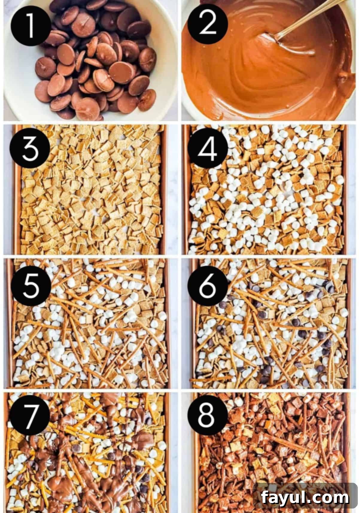 A collage of three step-by-step images demonstrating how to make s'mores snack mix. Image 1 shows melted chocolate. Image 2 shows ingredients layered on parchment paper. Image 3 shows melted chocolate poured over ingredients before mixing.