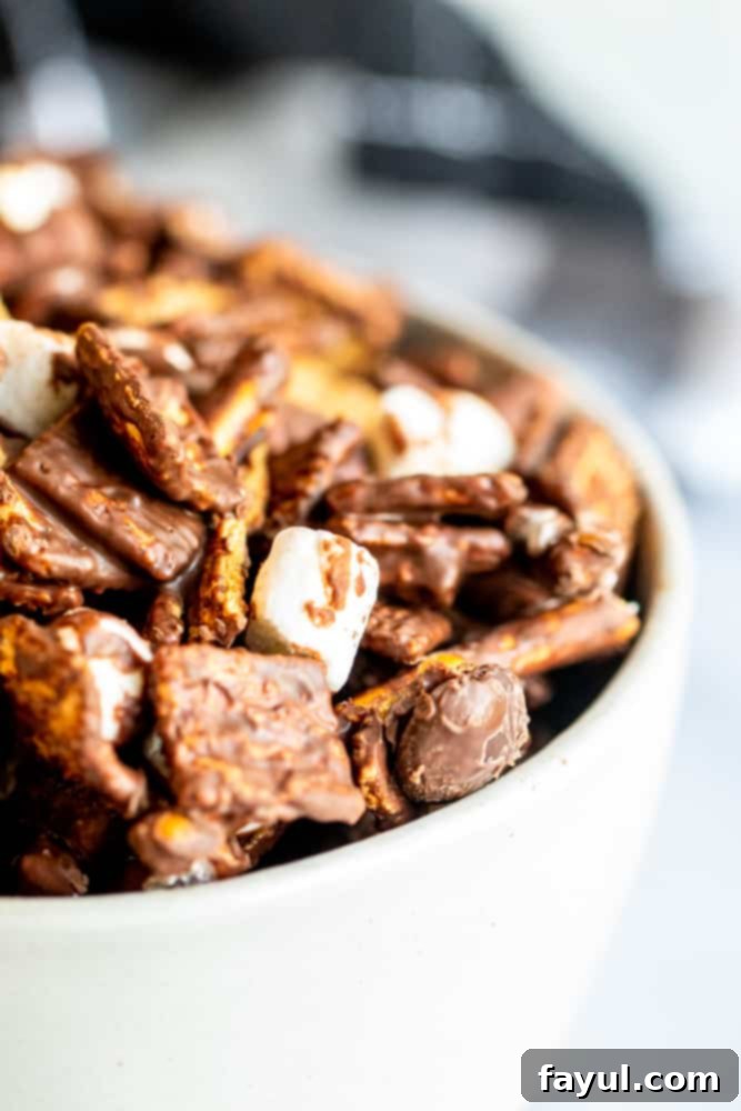 A close-up shot of the finished S'mores Snack Mix in a white bowl, showcasing the crunchy graham cereal, fluffy mini marshmallows, salty pretzels, and chunks of dark chocolate, all bound together by a rich chocolate coating. Delicious and ready to eat!