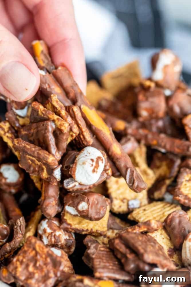 A hand reaches into a white bowl to grab a piece of S'mores Snack Mix, showing the rich chocolate coating and visible pieces of graham cereal, marshmallows, and pretzels. It's a tempting, ready-to-eat treat.
