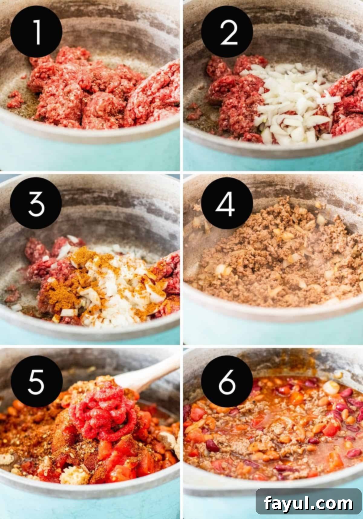 Six image collage with numbers showing how sweet and spicy chili is made in a large pot, step-by-step.