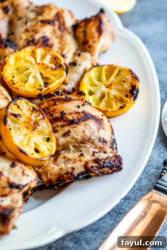 Grilled lemon pepper chicken thighs artfully arranged on a white serving dish, complemented by a gold utensil, all set against a tranquil blue counter.