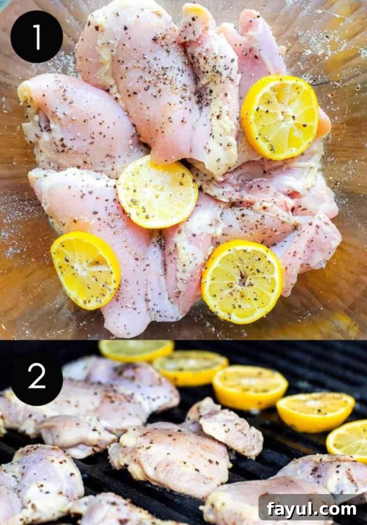 Prep image showing two photos on chicken marinating then on a grill outside.