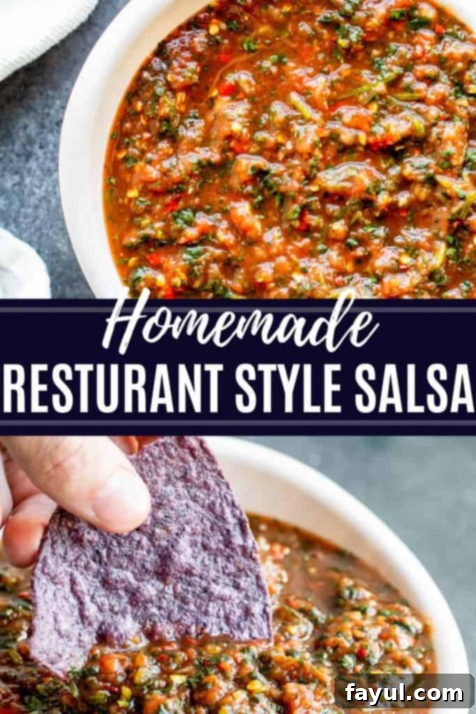 Pinterest pin showing two images of restaurant style salsa with text overlay: 'Easy Restaurant Style Salsa' and '10-Minute Blender Salsa Recipe'.