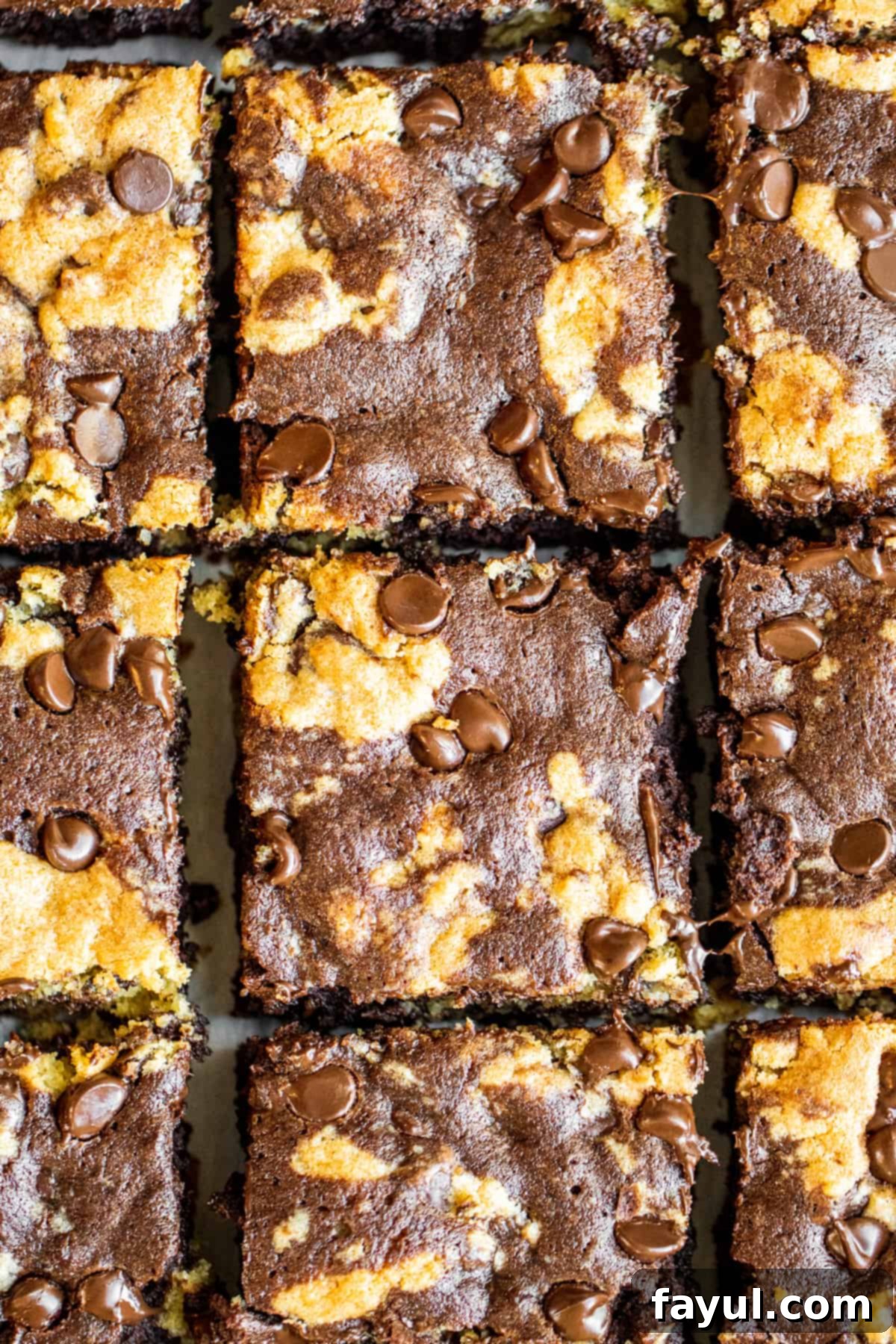 Decadent Chocolate Chip Cookie Brownie Bars 2 Overhead shot of sliced brookies.