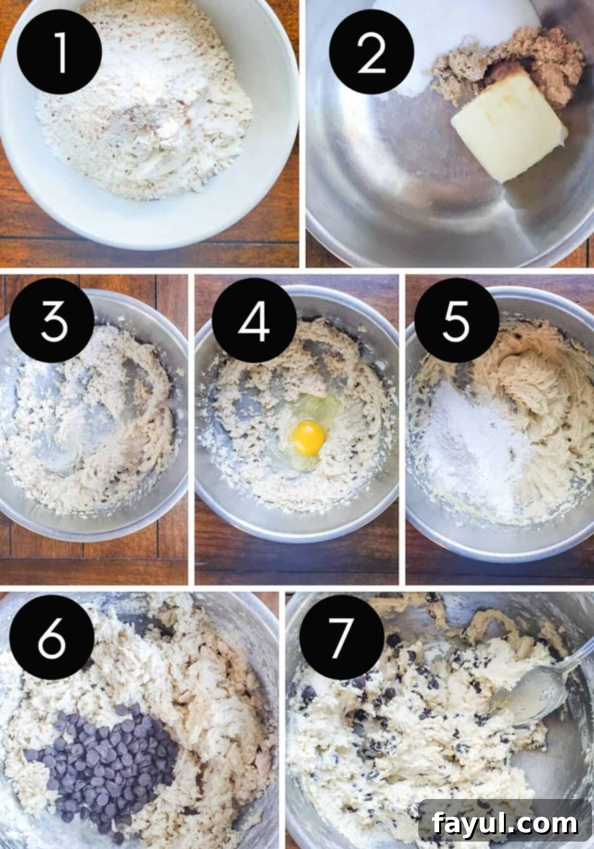 Decadent Chocolate Chip Cookie Brownie Bars 4 Seven prep images collage with numbers of cookie dough being made.