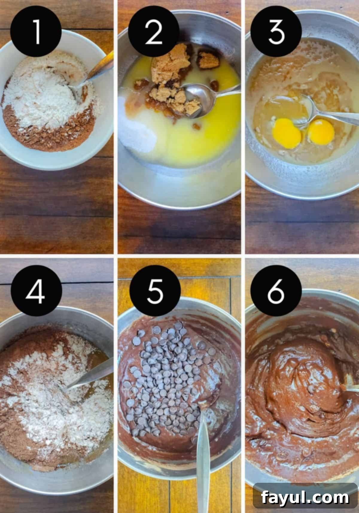 Decadent Chocolate Chip Cookie Brownie Bars 5 Prep images showing brownies being made with numbered pictures.