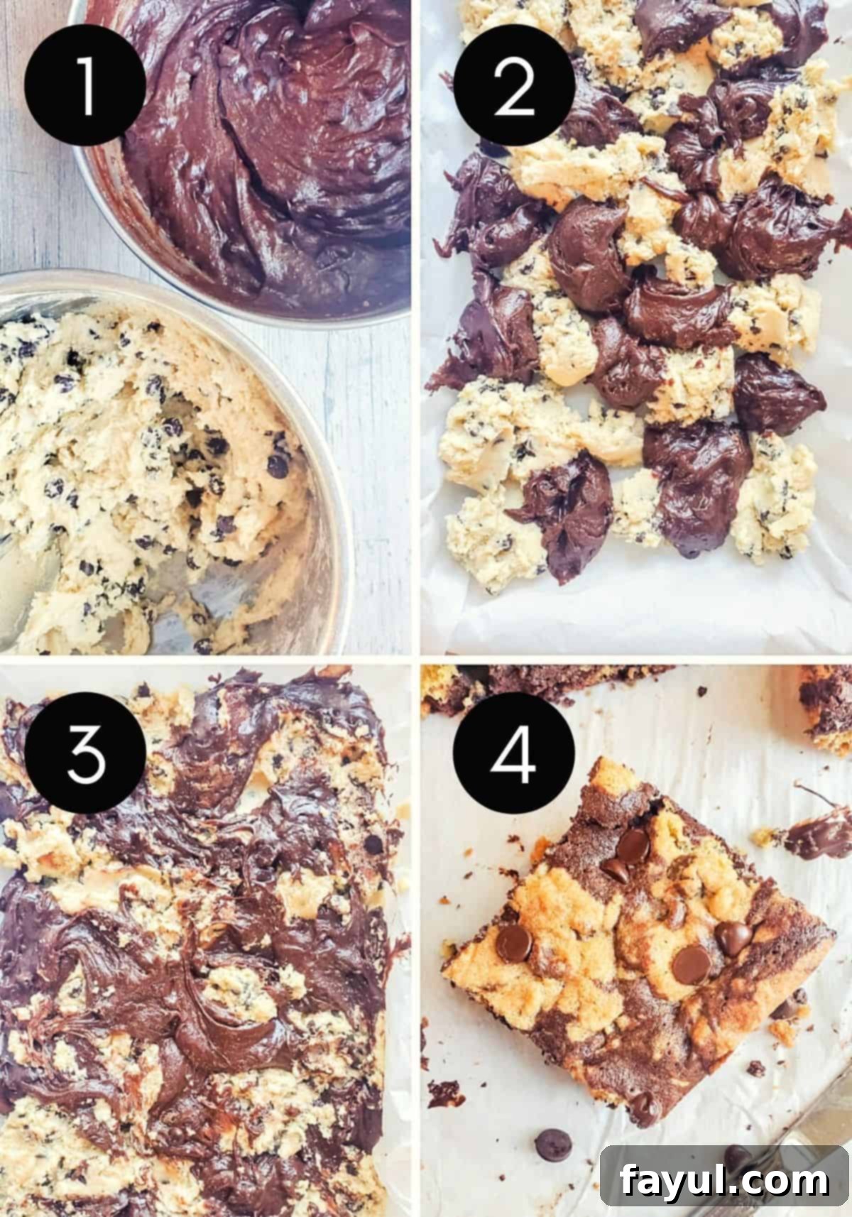 Decadent Chocolate Chip Cookie Brownie Bars 6 Prep images showing brookies being combined and baked.