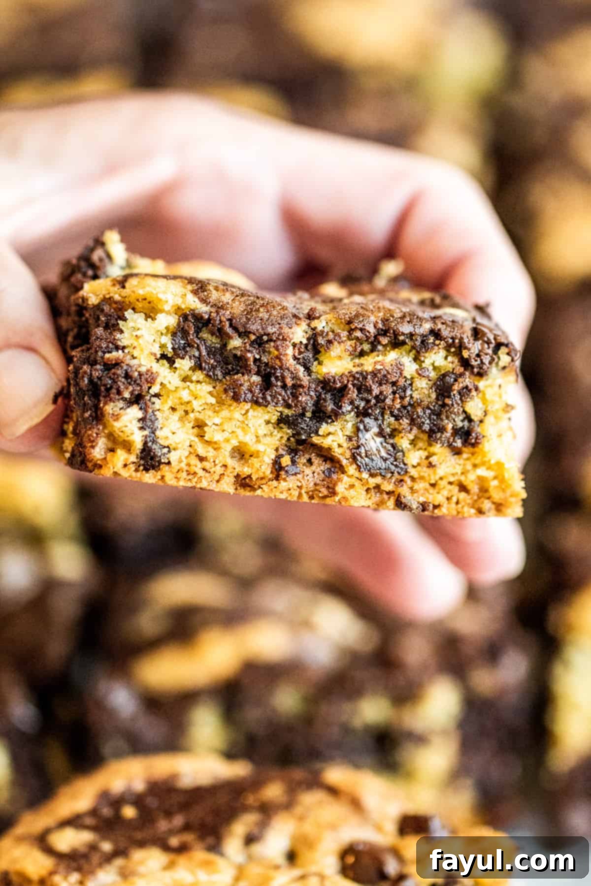 Decadent Chocolate Chip Cookie Brownie Bars 9 Hand holding brookie.