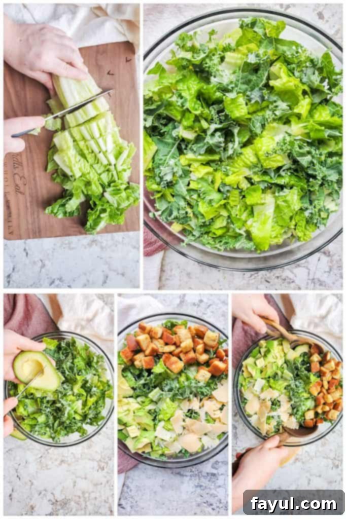Easy and quick Kale Caesar Salad preparation: chopping greens and tossing ingredients. Collage showing the preparation steps for Kale Caesar Salad, including washing and chopping lettuce and gently tossing the salad ingredients in a large glass bowl.