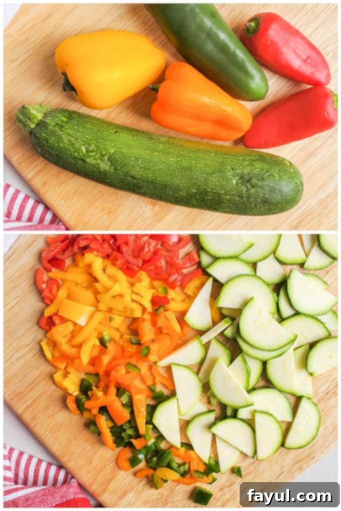 This Warm Mexican Corn Salad recipe is ready quickly in under 30 minutes and simple to make. This warm salad recipe features frozen corn, bell peppers, jalapeno, and zucchini. This corn and pepper salad is versatile and can be served on its own as a side dish or added to tacos, burritos, nachos or in a quesadilla. Two images showing whole vegetables on one side and the same vegetables chopped into small pieces on the other side, ready for cooking.