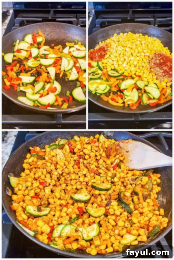 This Warm Mexican Corn Salad recipe is ready quickly in under 30 minutes and simple to make. This warm salad recipe features frozen corn, bell peppers, jalapeno, and zucchini. This corn and pepper salad is versatile and can be served on its own as a side dish or added to tacos, burritos, nachos or in a quesadilla. Three prep images showing the corn salad being cooked: first, vegetables sautéing, second, corn and seasoning added, and third, the finished warm salad in the skillet.