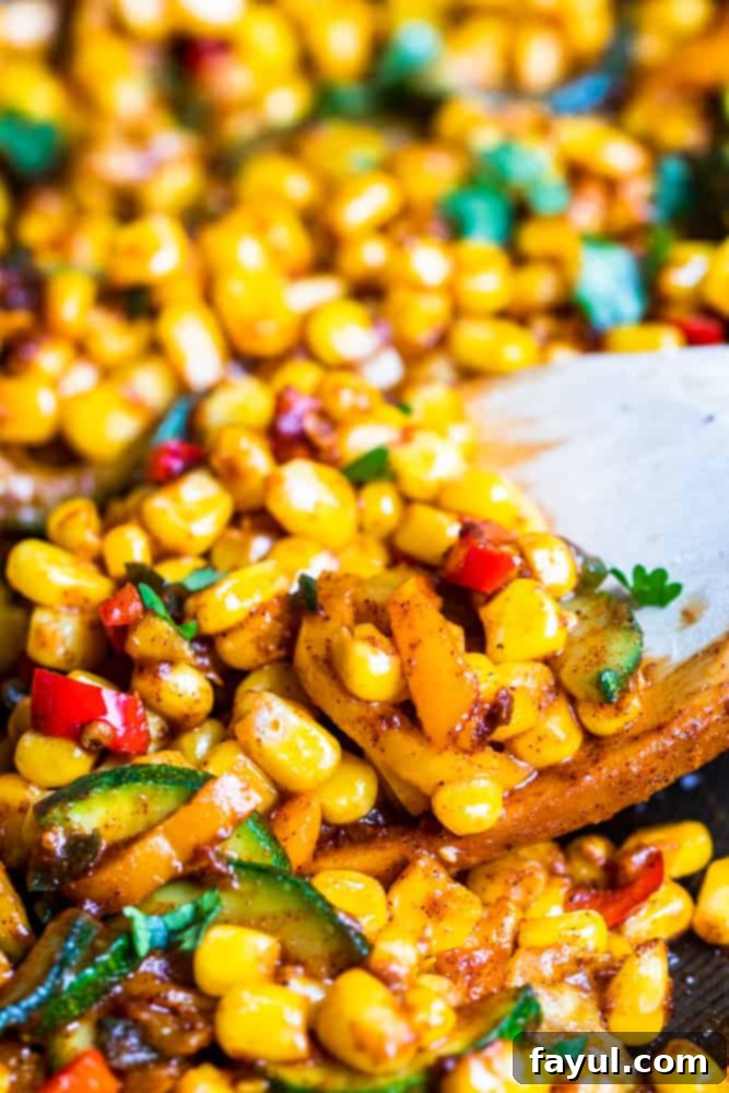 This Warm Mexican Corn Salad recipe is ready quickly in under 30 minutes and simple to make. This warm salad recipe features frozen corn, bell peppers, jalapeno, and zucchini. This corn and pepper salad is versatile and can be served on its own as a side dish or added to tacos, burritos, nachos or in a quesadilla. Wooden spoon scooping up a portion of warm Mexican corn and pepper salad, showing its vibrant ingredients.