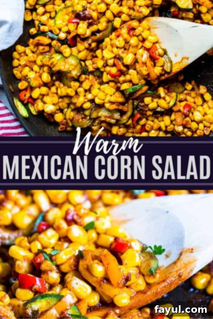 This Warm Mexican Corn Salad recipe is ready quickly in under 30 minutes and simple to make. This warm salad recipe features frozen corn, bell peppers, jalapeno, and zucchini. This corn and pepper salad is versatile and can be served on its own as a side dish or added to tacos, burritos, nachos or in a quesadilla. Mexican corn salad recipe pin with two images and text overlay in the middle.