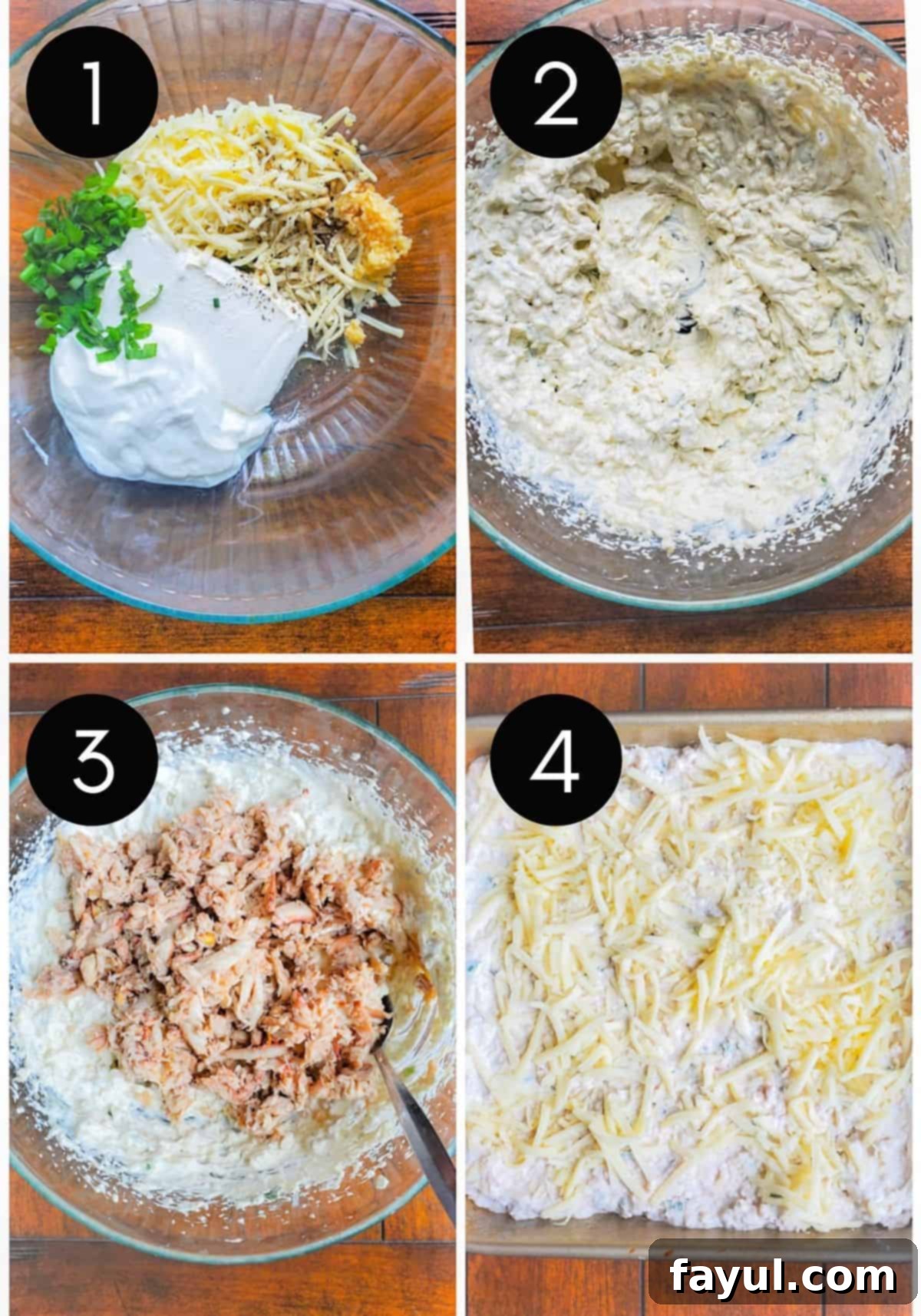 Creamy Crab Rangoon Dip with Crispy Wonton Dippers 4 Four prep image collage for crab dip with number overlay.