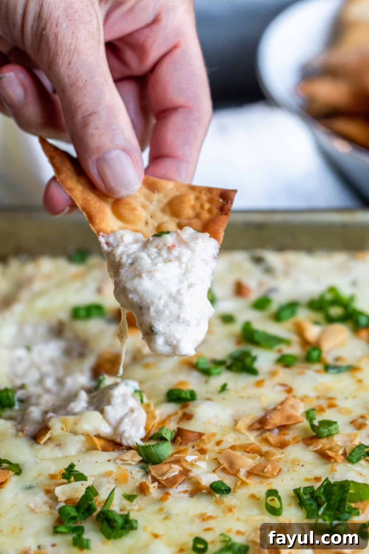 Creamy Crab Rangoon Dip with Crispy Wonton Dippers 6 Hand dipping wonton chip into dip.