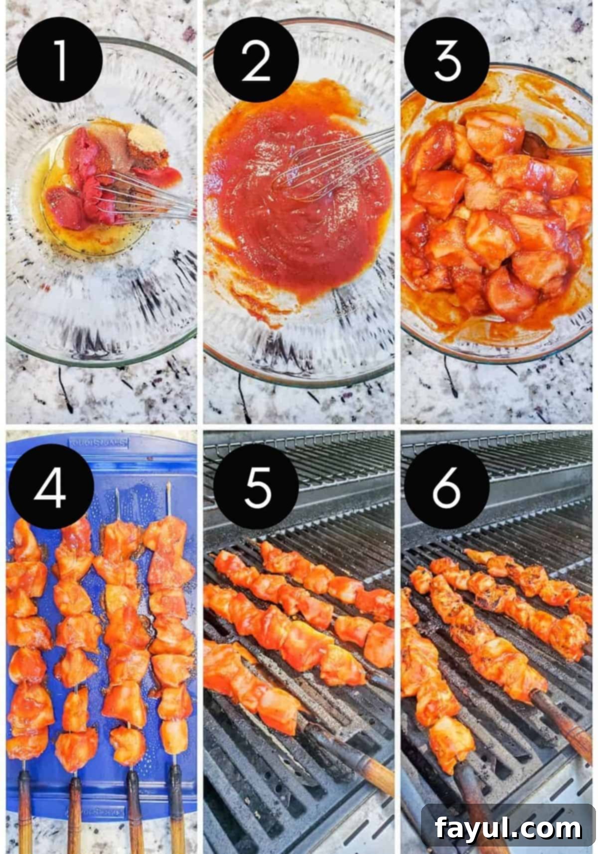 Chipotle Honey Glazed Chicken Skewers 4 Six prep image collage showing kabobs being made and grilled with numbered images.