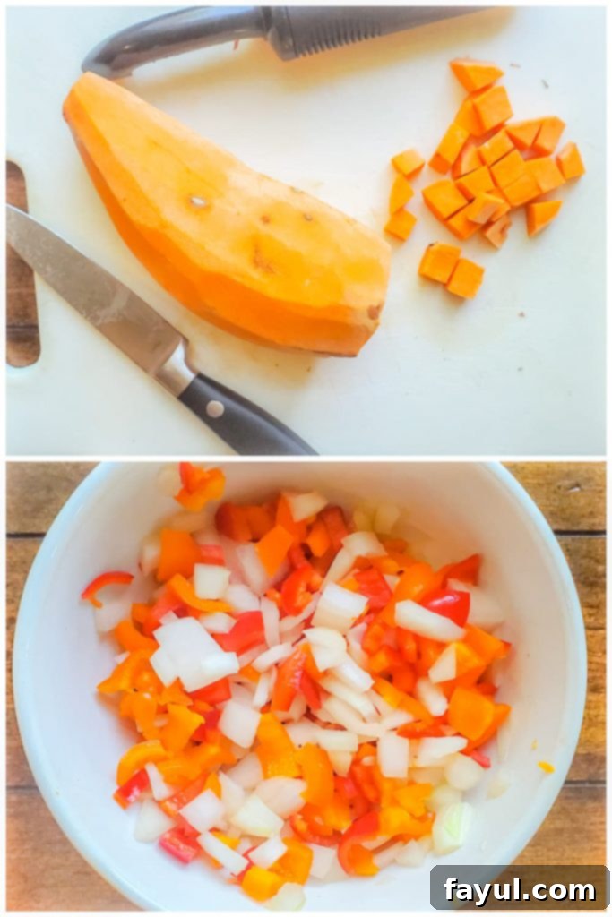 Effortless Veggie Burrito Bowls in Minutes 3 Prep image showing sweet potato being chopped and finished bowl of veggies.