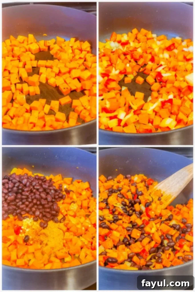 Effortless Veggie Burrito Bowls in Minutes 4 Prep image showing four images of veggies being cooked in large black skillet.