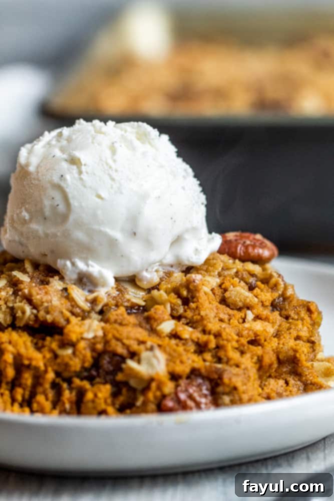 Irresistible Pumpkin Crisp featuring Pecan Oat Streusel 2 A slice of pumpkin crisp on a white plate with a scoop of vanilla ice cream melting on top, garnished with a sprinkle of cinnamon, against a soft focus autumnal background.