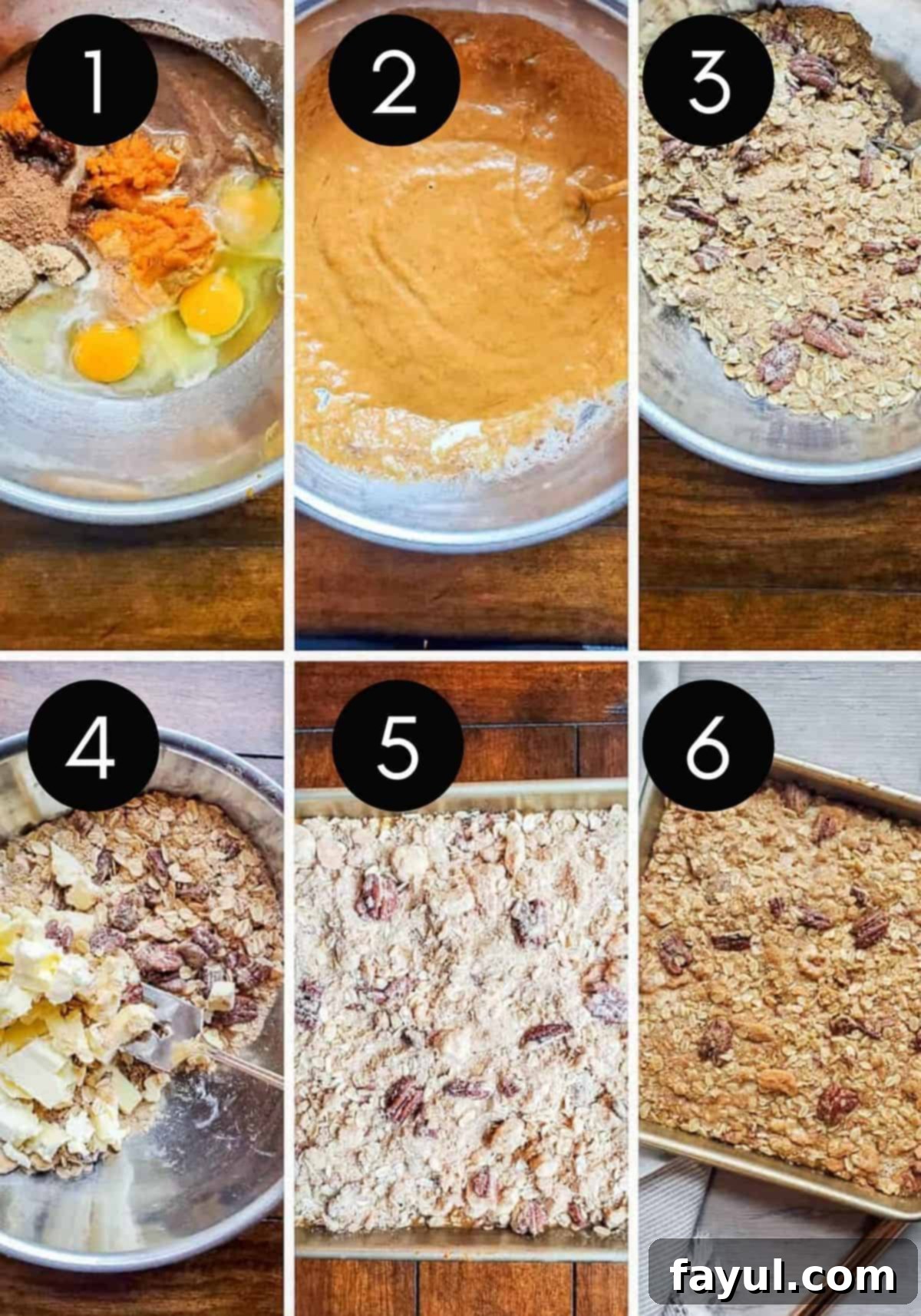 Irresistible Pumpkin Crisp featuring Pecan Oat Streusel 4 A six-image collage displaying the step-by-step process of making pumpkin crisp. Images show preparing ingredients, mixing the pumpkin filling, crushing graham crackers, combining topping ingredients, adding butter to the topping, and finally, the assembled crisp ready for baking.