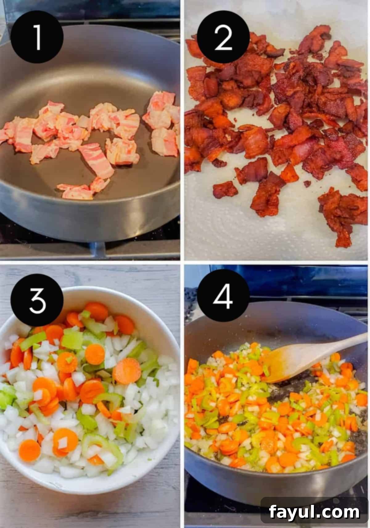 Slow-Cooked Southern Ham and Bean Soup 4 Four sequential prep images showing bacon frying, vegetables sautéing, and ingredients being added to a crockpot for ham and bean soup.