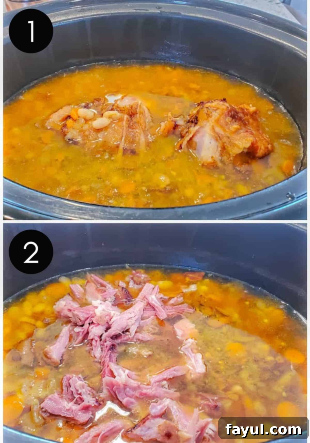 Slow-Cooked Southern Ham and Bean Soup 5 Overhead shot of ham and bean soup ingredients being added to a crockpot for preparation.