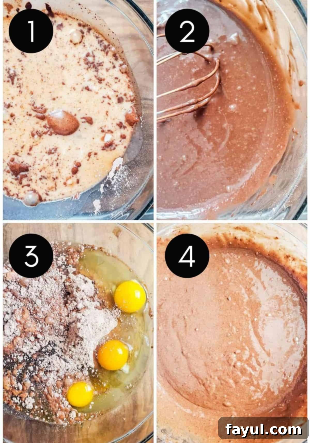Slow Cooker Molten Chocolate Indulgence 3 Four prep image collage showing cake and pudding be made with four numbered steps.