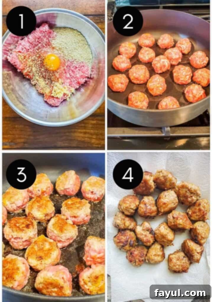 Fiery Asian Pork Meatballs 3 Prep image showing a collage of images of meatballs being made with number overlay.