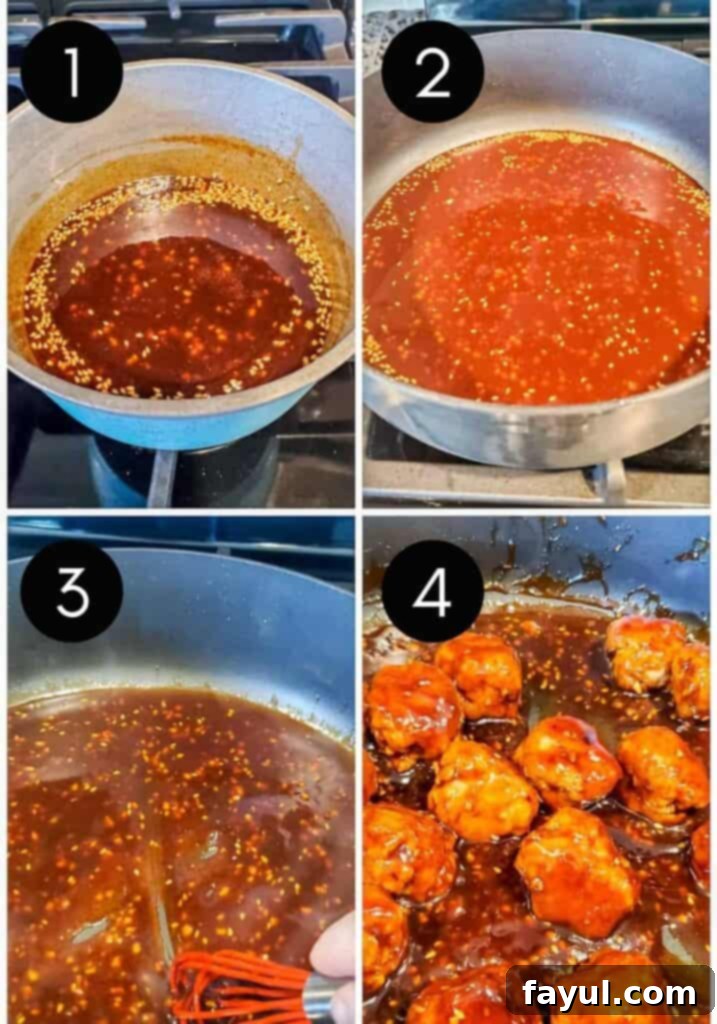 Fiery Asian Pork Meatballs 4 Prep image showing sauce being made in pan then meatballs in sauce.